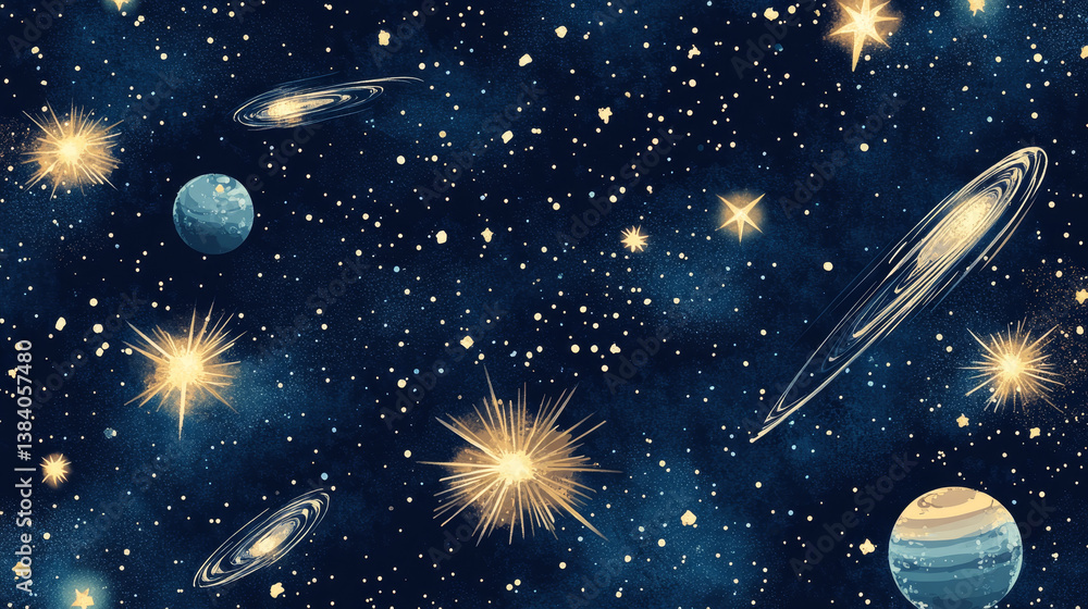 Naklejka premium Starry space seamless pattern. Galaxy shiny stars fabric print, astronomy science starlight background or night sky wallpaper vector pattern. Universe starry pattern with glowing stars and comets