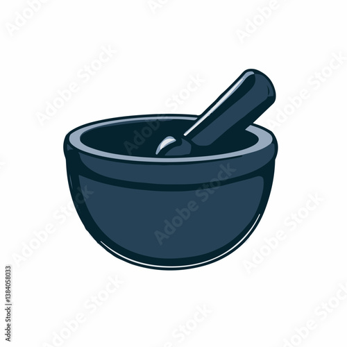 Dark mortar grinds ingredient preparation in kitchen isolated illustration
