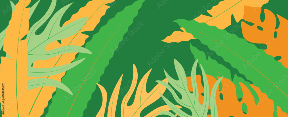 Naklejka premium Summer horizontal background with bright abstract tropical leaves. Modern art minimalist style design template for sales, horizontal poster, header, cover. vector