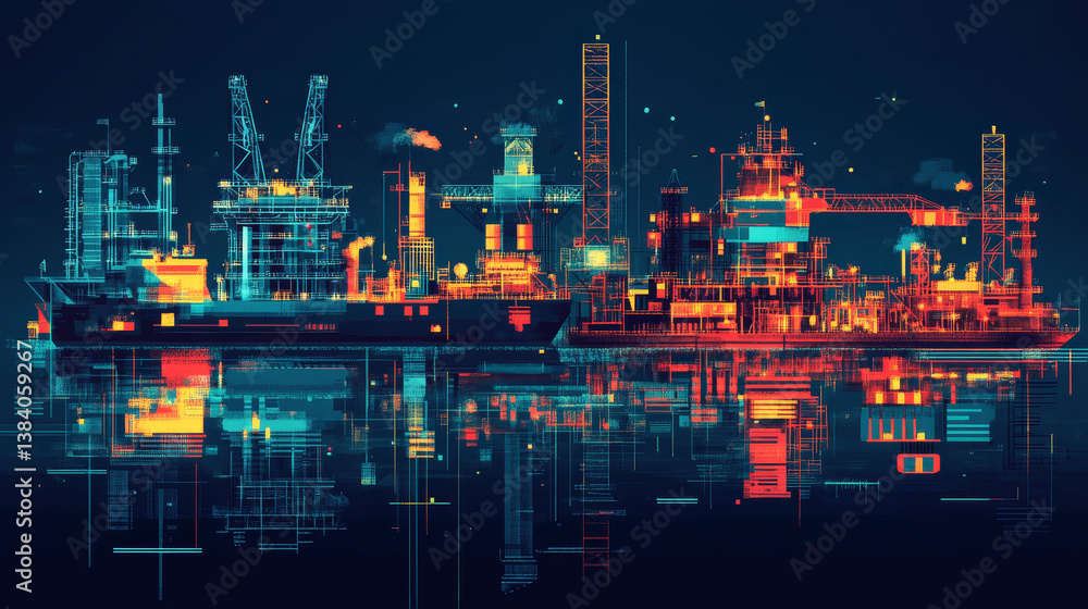 Fototapeta premium Petroleum industry icons in flat style with offshore oil platforms, oil pump jacks, oil refinery plants, thermal power plant and filling station