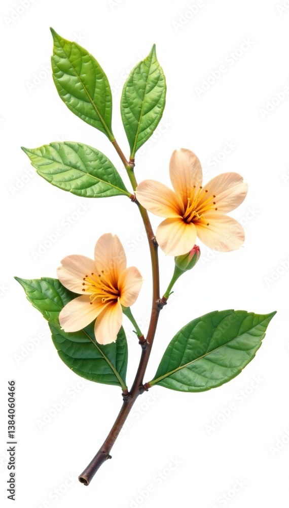 Obraz premium Leafy branches with delicate flowers isolated on white background, leaf branch flower, natural