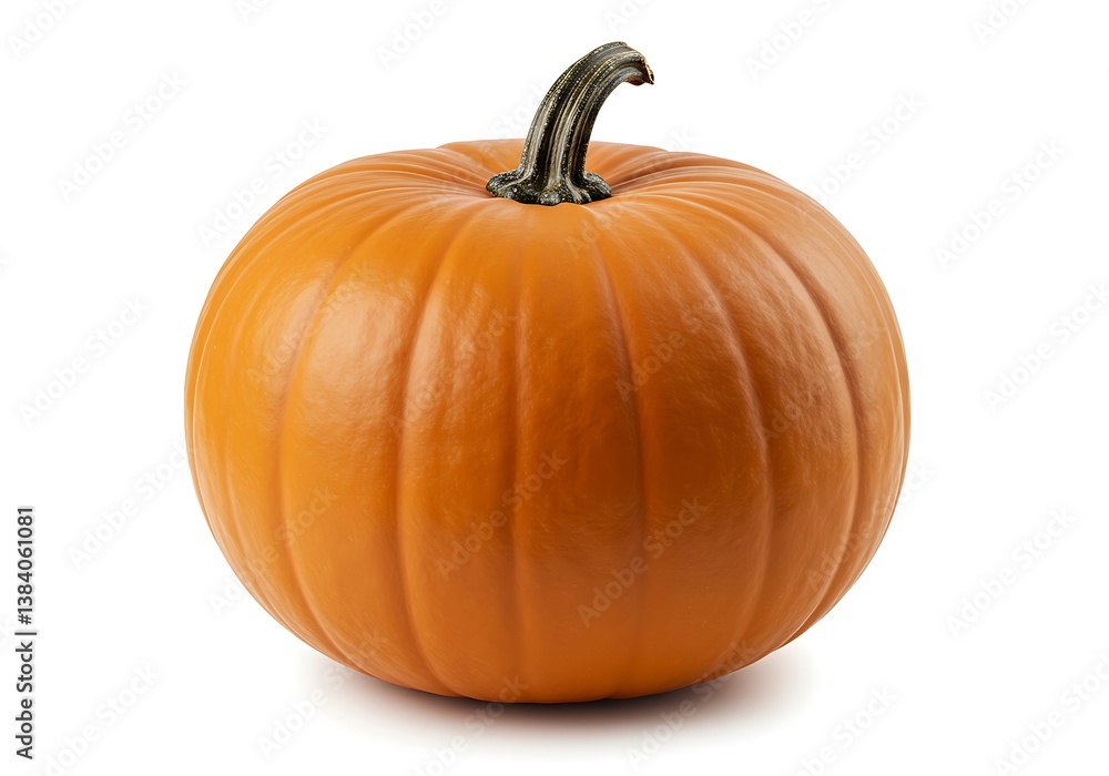 A single orange pumpkin with a stem on a white background . A single orange pumpkin with a stem on a white background .