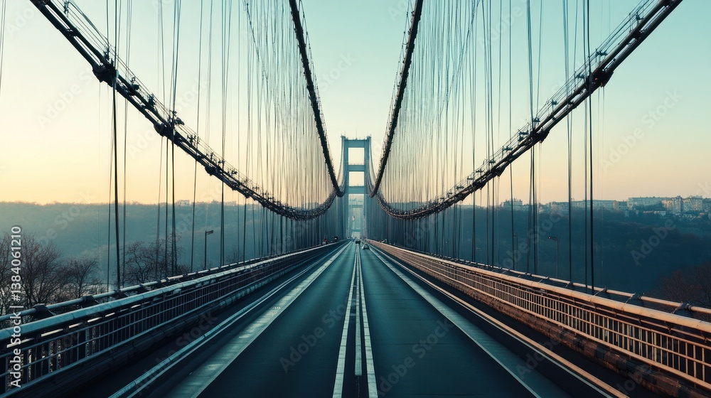 Obraz premium Sunrise view of a suspension bridge with a highway.