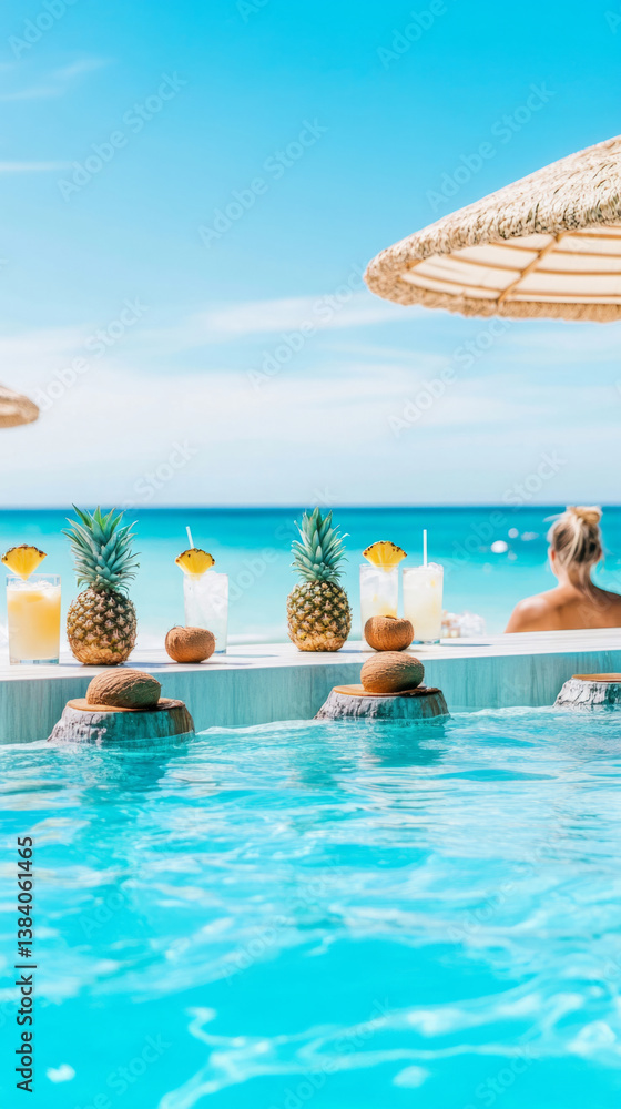 Obraz premium Luxurious poolside oasis with swim up bar and tropical beach ambiance for relaxation