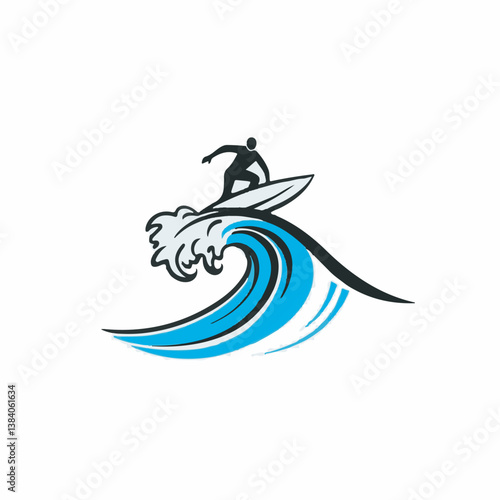 Surfer silhouette rides ocean wave in line art coastal scene