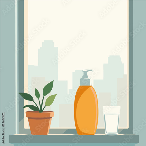Sunscreen bottle on windowsill with urban backdrop, summer skincare