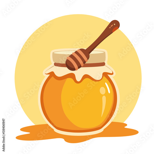 Honey jar with dipper surrounded by drops, sweet simplicity
