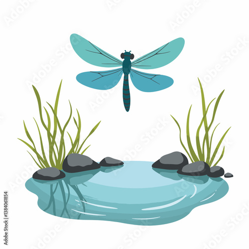 Dragonfly hovering over calm pond, nature's tranquility
