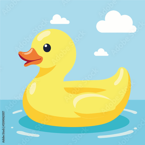 Bright yellow inflatable duck pool floating in blue sky, summer fun