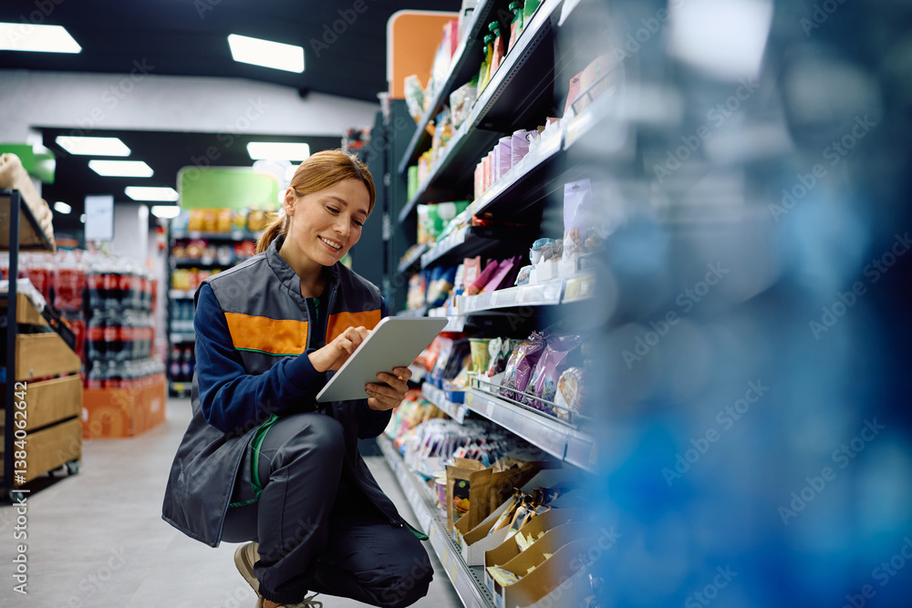 Obraz premium Happy supermarket manager using digital tablet while working at store.
