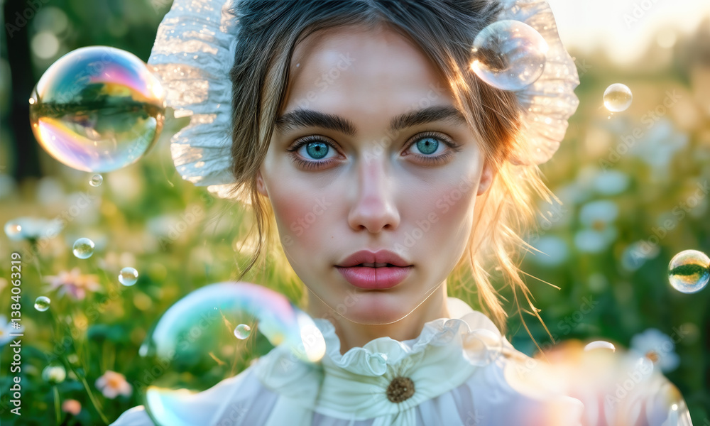 AI generated image of a radiant woman bathed in golden sunlight, encircled by shimmering soap bubbles. A visual ode to youth and wonder. AI generated image of a radiant woman bathed in golden sunlight, encircled by shimmering soap bubbles. A visual ode to youth and wonder.