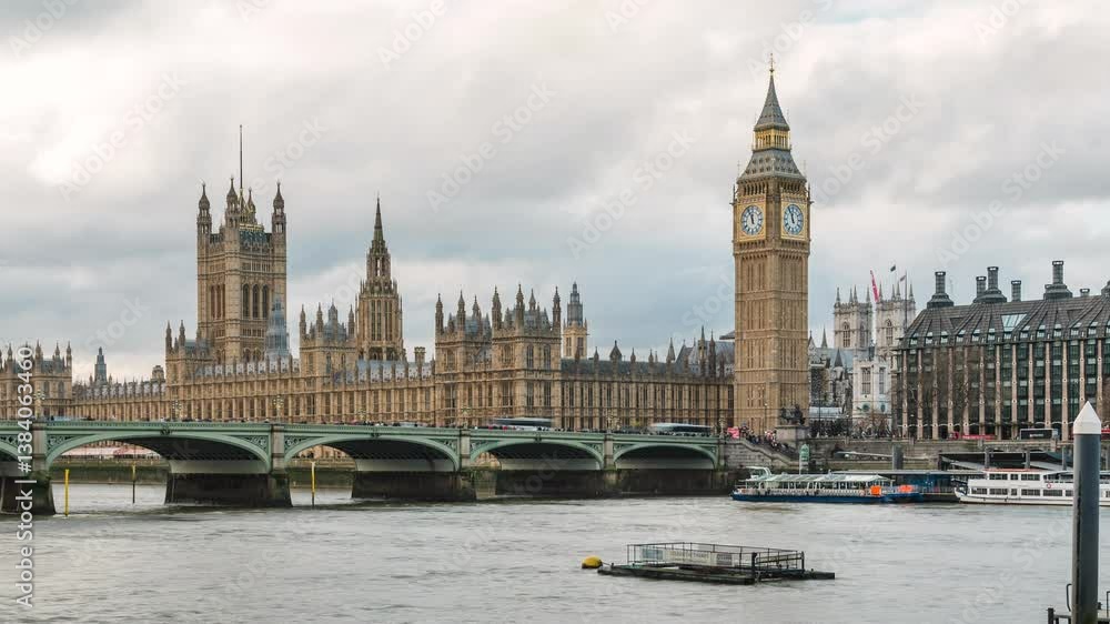 River Thames and Palace of Westminster timelapse in London, England, United Kingdom, zooming in.
River Thames and Palace of Westminster timelapse in London, England, United Kingdom, zooming in.