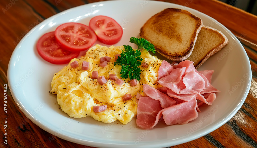 Scrambled eggs with ham, tomato slices and toasted bread for breakfast Scrambled eggs with ham, tomato slices and toasted bread for breakfast