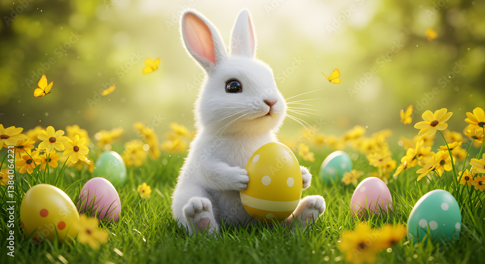 Fototapeta premium Adorable Easter Bunny in Spring Meadow Holding Egg