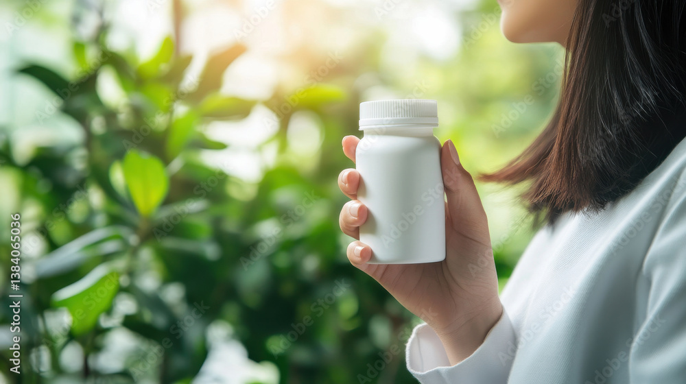 A woman stands in a lush indoor garden, gently holding a white supplement bottle. Sunlight filters through the leaves, creating a serene and healthy atmosphere A woman stands in a lush indoor garden, gently holding a white supplement bottle. Sunlight filters through the leaves, creating a serene and healthy atmosphere