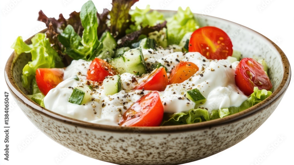 Fresh salad with creamy dressing, cherry tomatoes, cucumber, and lettuce in a bowl. Fresh salad with creamy dressing, cherry tomatoes, cucumber, and lettuce in a bowl.