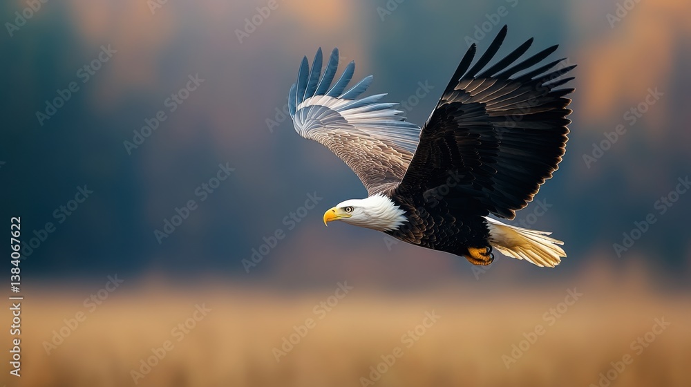 Fototapeta premium Majestic Eagle in Flight Captured Against a Softly Blurred Natural Background with Warm Tones