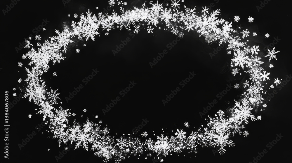 Fototapeta premium Realistic snow flakes oval frame on transparent background. Isolated vector Christmas border with falling snow and steam. Snowflake decoration, Xmas magic white snowfall texture, winter snowstorm