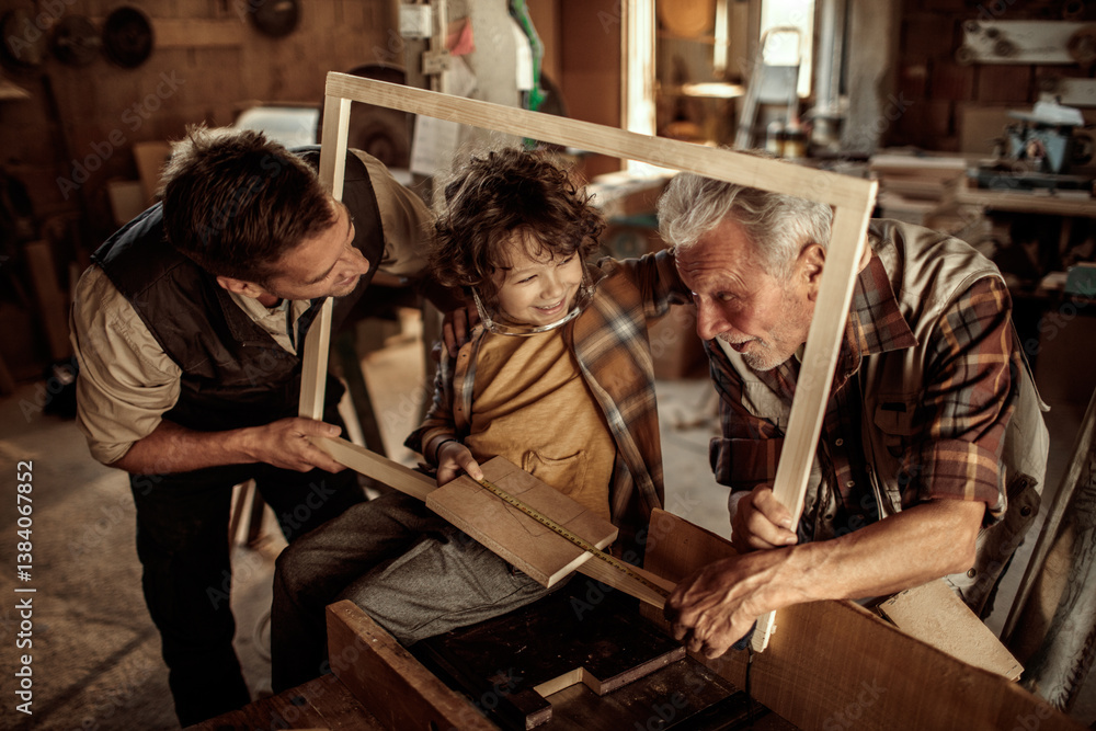 Three generations of men bonding in woodworking workshop Three generations of men bonding in woodworking workshop