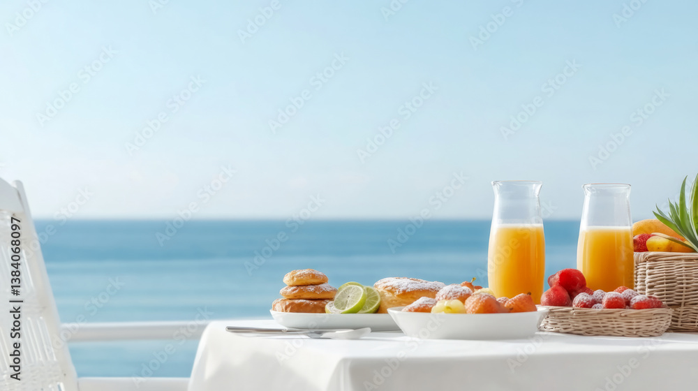 Fototapeta premium Luxury breakfast by the sea: elegant oceanfront dining for travel and relaxation
