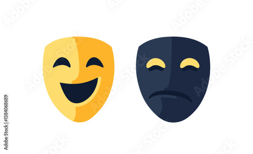 Two expressive theater masks in flat design showcasing joy and sadness, vibrant colors, symbolizing the emotional spectrum in modern art
