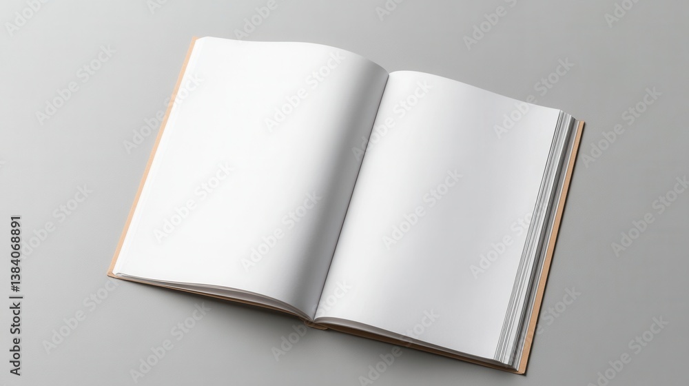 Open blank book on a minimalist grey surface, ideal for creative ideas and personal reflection with empty pages. Open blank book on a minimalist grey surface, ideal for creative ideas and personal reflection with empty pages.