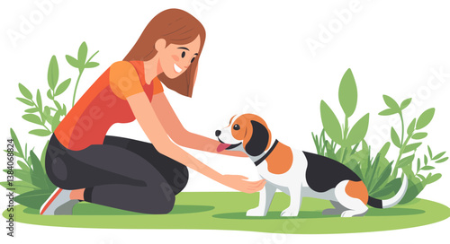 A woman is kneeling next to a happy dog in a minimalist modern art illustration with a flat style