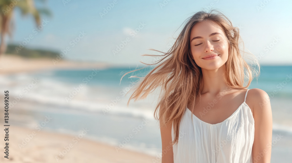 Sun kissed solitude: woman in flowing dress enjoying beach serenity Sun kissed solitude: woman in flowing dress enjoying beach serenity
