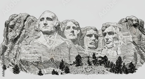 Monochrome Line Drawing of Mount Rushmore