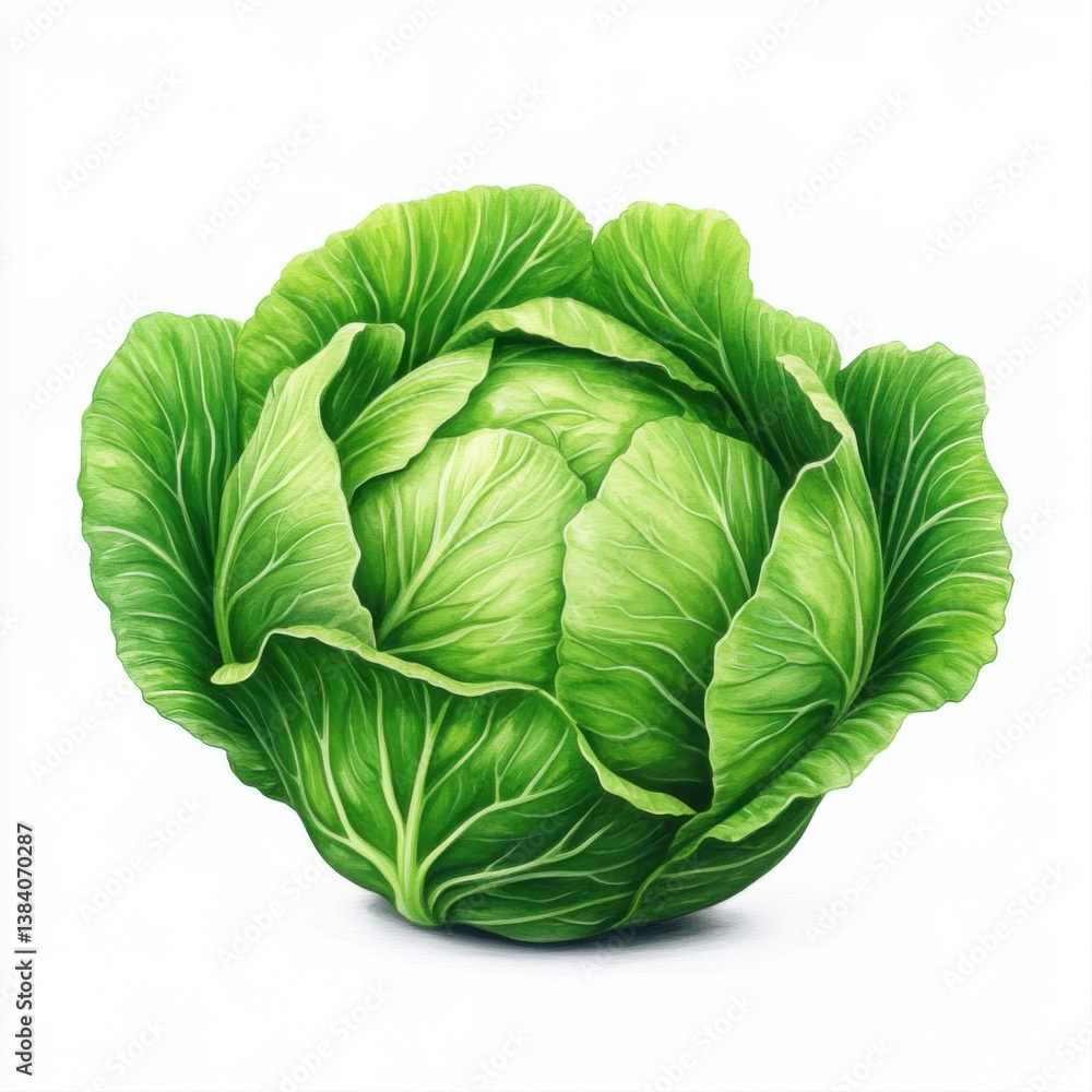 Obraz premium Fresh and Vibrant Green Cabbage Head with Lush Leaves on a Light Background for Healthy Cooking and Nutrition