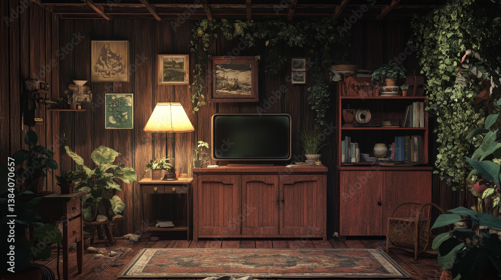 Cabinet TV in empty interior room ,dark wall with wood shelf,lamp ,plants and table wood ,3d rendering Cabinet TV in empty interior room ,dark wall with wood shelf,lamp ,plants and table wood ,3d rendering
