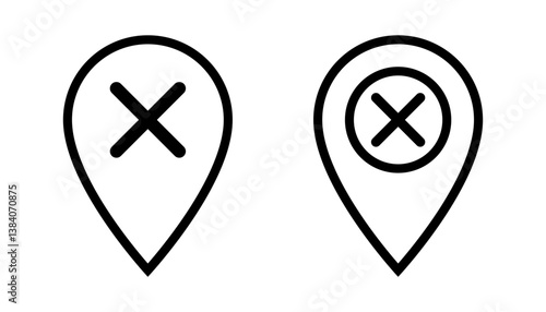 Outline location pin with X mark – simple vector icon set