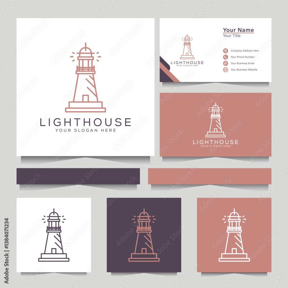 Lighthouse Searchlight Beacon Tower Island Simple logo and business card Art style logo design. Lighthouse Searchlight Beacon Tower Island Simple logo and business card Art style logo design.