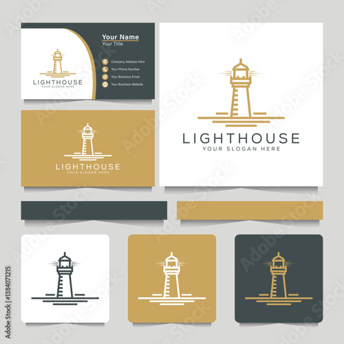 Lighthouse Searchlight Beacon Tower Island Simple logo and business card Art style logo design.