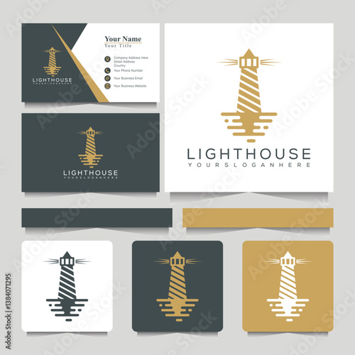 Lighthouse Searchlight Beacon Tower Island Simple logo and business card Art style logo design.