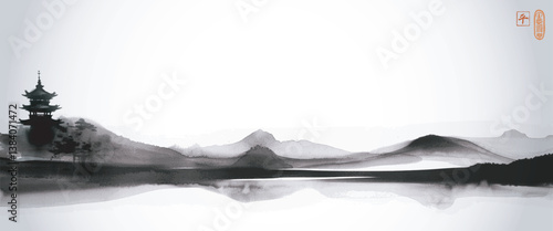 Japanese sumi-e landscape with a pagoda, misty mountains, and serene water reflections. Hieroglyph - peace.