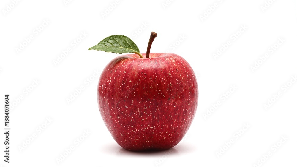 Vibrant red apple with a lush green stem on a clean white backdrop symbolizing freshness and healthy eating Vibrant red apple with a lush green stem on a clean white backdrop symbolizing freshness and healthy eating