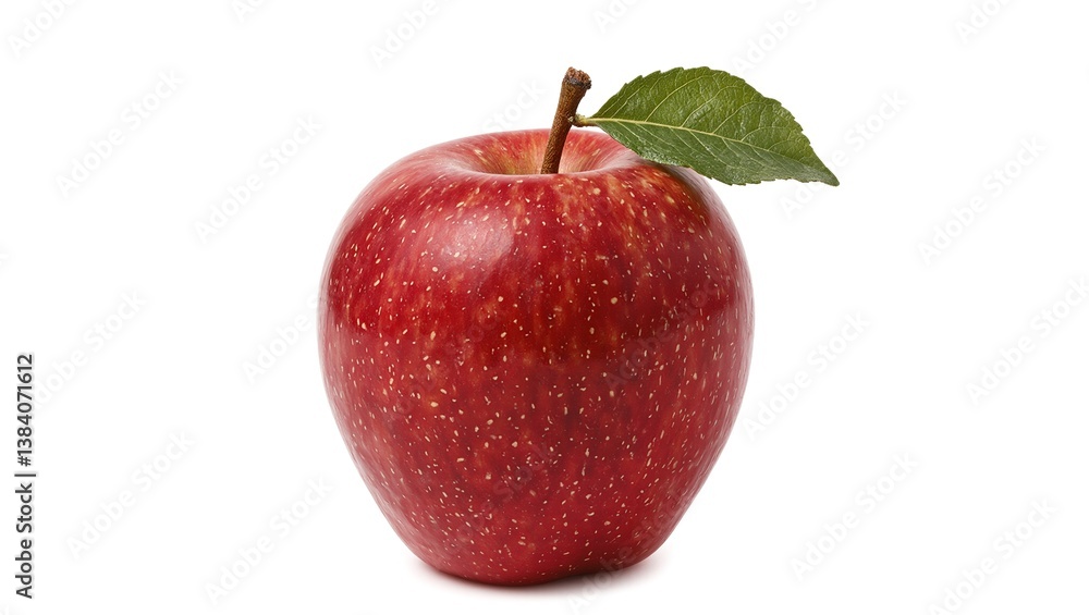 Vibrant red apple with a lush green stem on a clean white backdrop symbolizing freshness and healthy eating Vibrant red apple with a lush green stem on a clean white backdrop symbolizing freshness and healthy eating