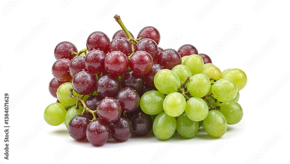 Fresh and colorful cluster of grapes showcasing various shades of green and purple with dewdrops enhancing their natural beauty Fresh and colorful cluster of grapes showcasing various shades of green and purple with dewdrops enhancing their natural beauty