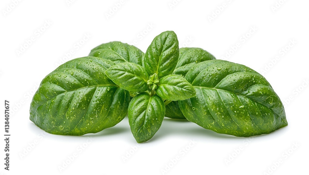 Fresh basil leaves covered in dew showcasing vibrant green hues and delicate veins on a white background Ideal for culinary or nature themed designs Fresh basil leaves covered in dew showcasing vibrant green hues and delicate veins on a white background Ideal for culinary or nature themed designs