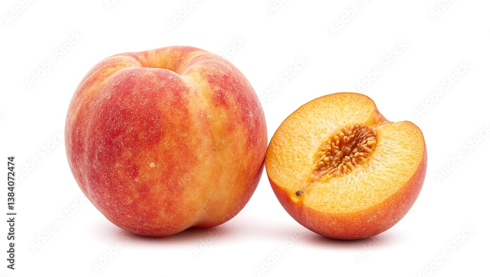 Fresh ripe peach with velvety skin and golden flesh sliced open isolated on a white background Perfect for food and health concepts Fresh ripe peach with velvety skin and golden flesh sliced open isolated on a white background Perfect for food and health concepts