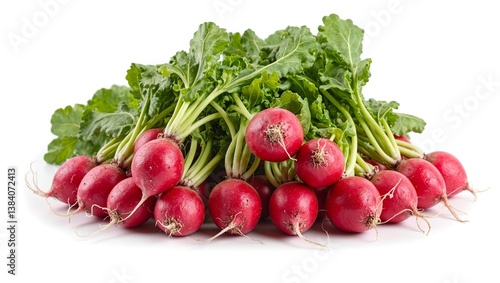 Fresh red radishes ensemble showcasing bright bulbs and crisp green tops set against a pristine white backdrop