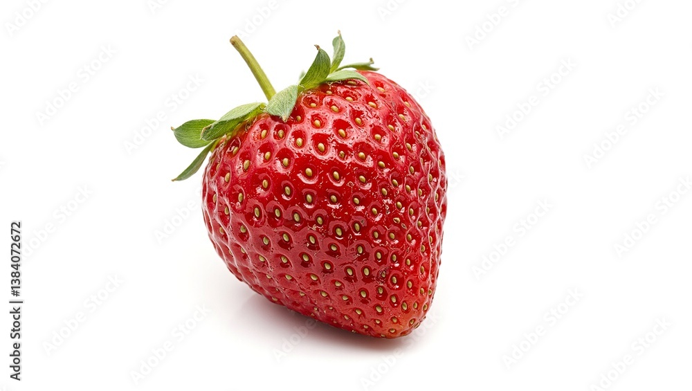 Vibrant ripe strawberry with glossy red surface and green cap showcasing delicate texture on a white backdrop Vibrant ripe strawberry with glossy red surface and green cap showcasing delicate texture on a white backdrop