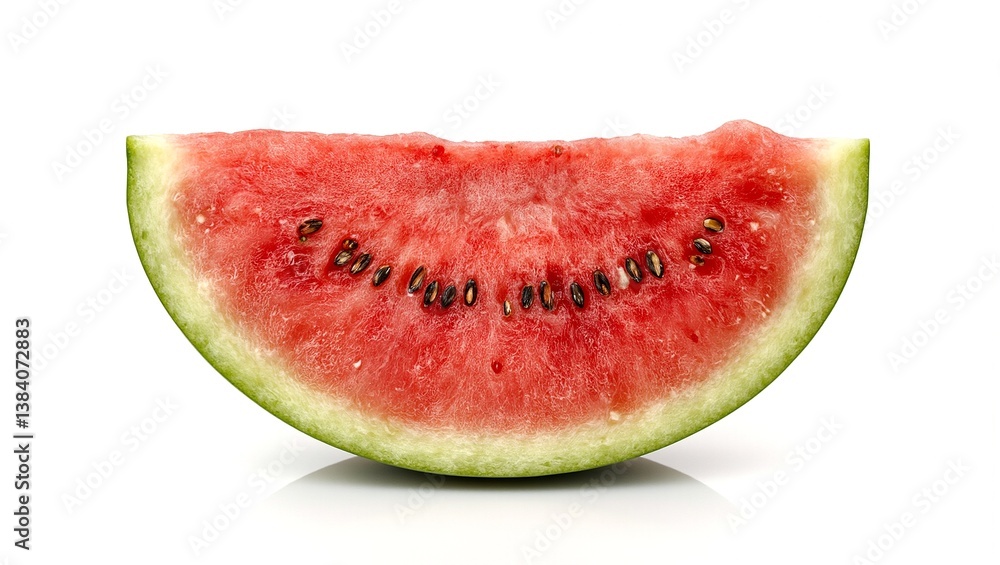 Summery watermelon slice showcasing ripe red flesh against a vivid green rind on a clean white background Juicy freshness at its best Summery watermelon slice showcasing ripe red flesh against a vivid green rind on a clean white background Juicy freshness at its best