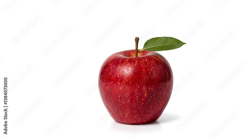 Fresh red apple with green leaf shiny skin and soft light symbolizing freshness Perfect for healthy living concepts Fresh red apple with green leaf shiny skin and soft light symbolizing freshness Perfect for healthy living concepts