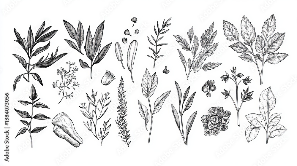 Fototapeta premium Herbs and spices vector cilantro, rosemary, parsley and lavender, ginger, oregano and cloves, chives, anise, dill, tarragon, sage and cardamom, basil and pepper, cinnamon and peppermint sketch
