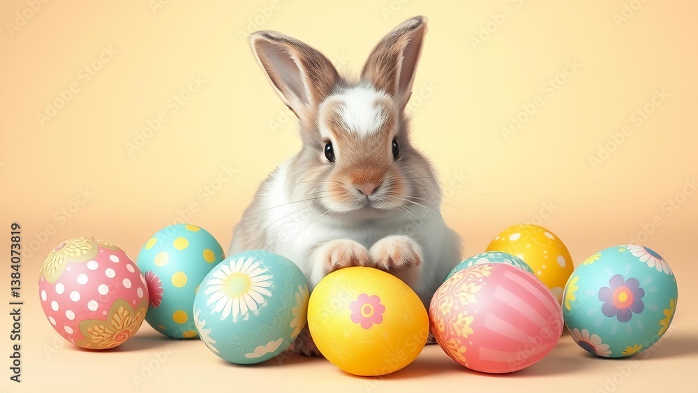 Fototapeta premium Spring Bunny Greeting Card Invitation Template with Cute Fluffy Rabbit and Decorated Pastel Eggs - Holiday Easter Background Wallpaper