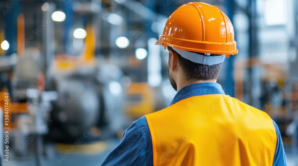 Worker in Safety Gear Observing Industrial Environment with Machinery and Equipment in Background Worker in Safety Gear Observing Industrial Environment with Machinery and Equipment in Background