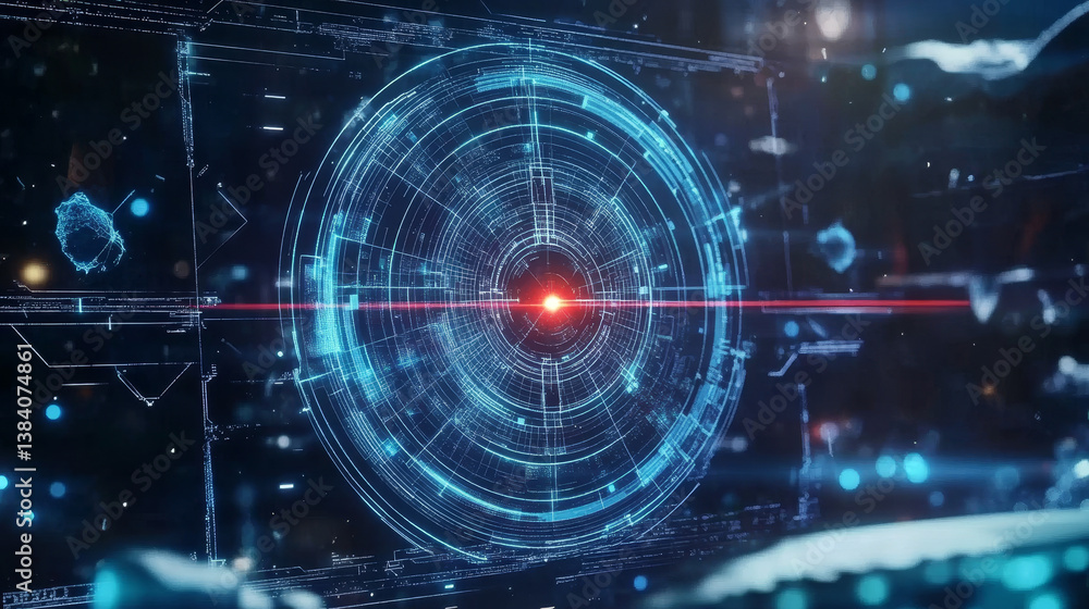 Obraz premium HUD target aim controls on futuristic screen interface, vector dashboard background. HUD target aims on radar screen, game dashboard and UI panel controls with crosshair technology