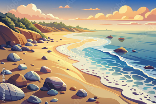 sandy beach with gentle waves and scattered shoreline rocks, beach landscape